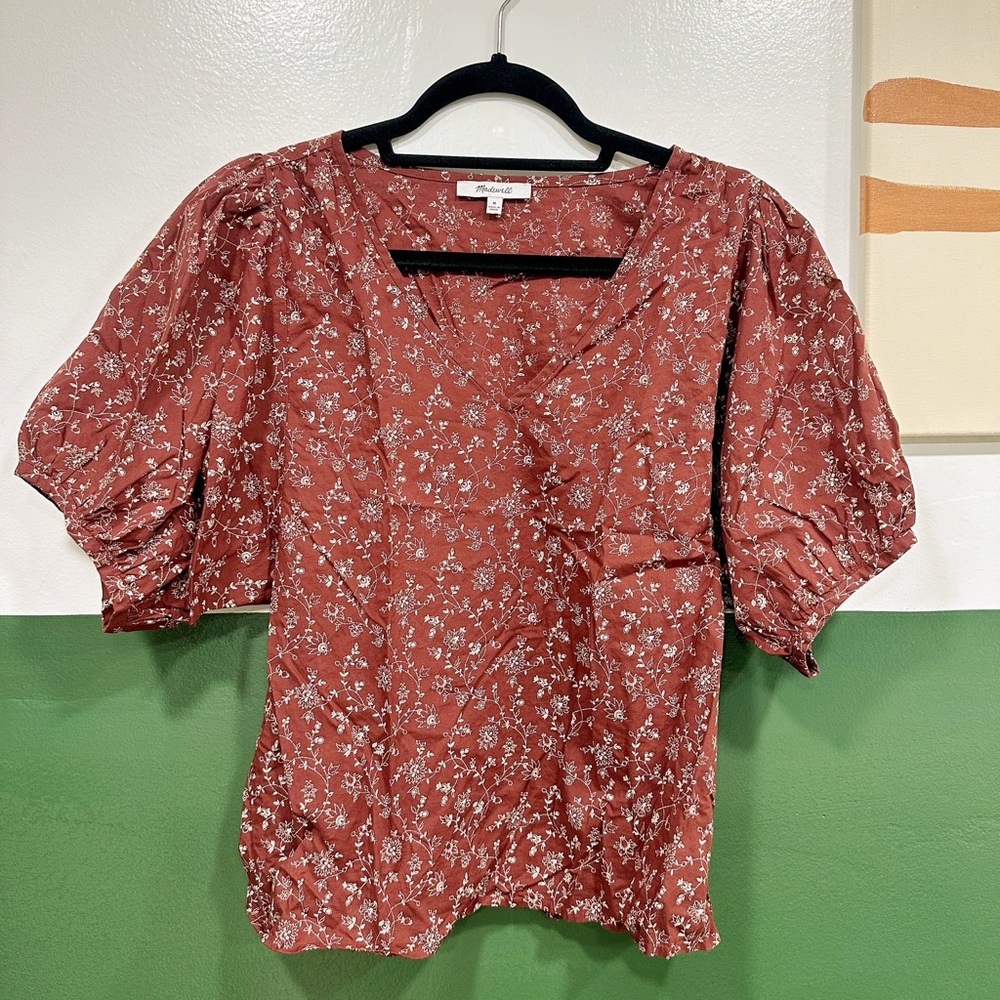 Madewell Puff Sleeve V-Neck Cotton Top Embroidery-Printed